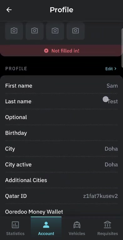 Profile section showing First name, Last name, Birthday, City, City active, Additional Cities, Qatar ID