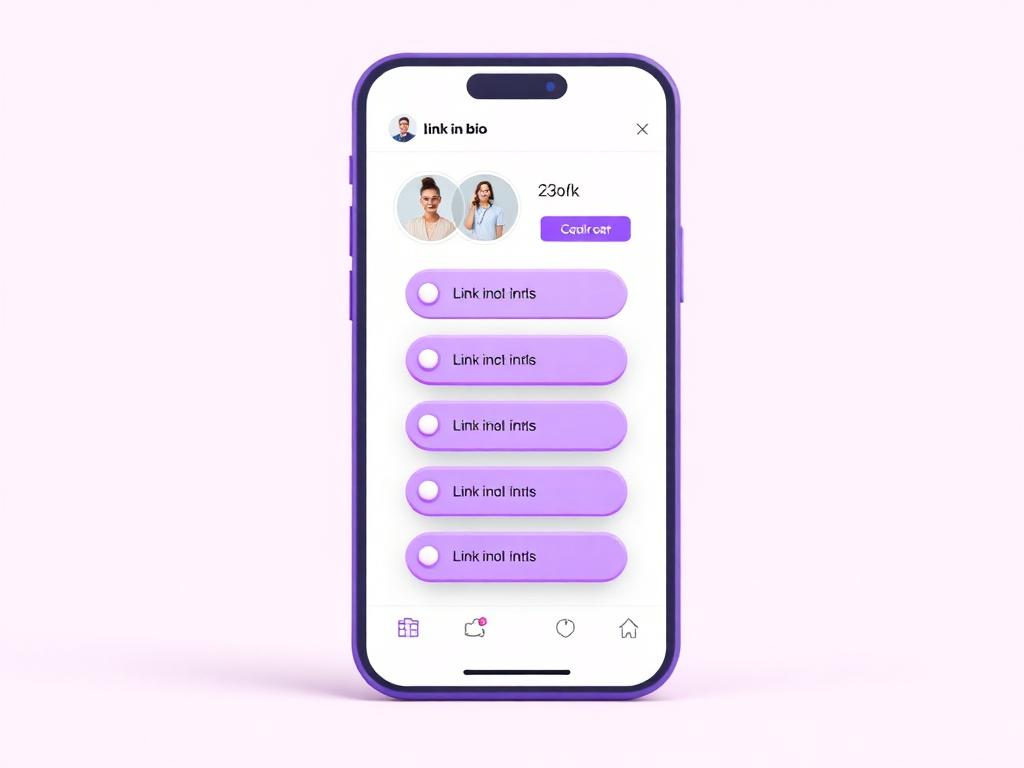 Phone showing a link-in-bio page with stacked link buttons
